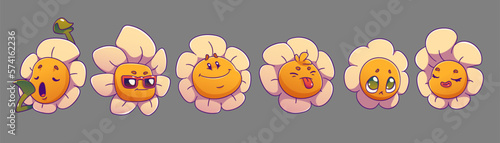 Set of nice chamomile faces isolated on background. Vector illustration of contemporary cartoon flower characters with sleepy, cool, happy, naughty, guilty, flirty expressions. Groovy daisy stickers