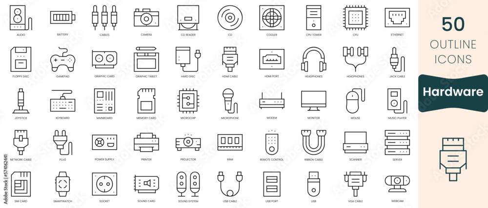 Set of hardware icons. Thin linear style icons Pack. Vector Illustration Set of hardware icons. Thin linear style icons Pack. Vector Illustration