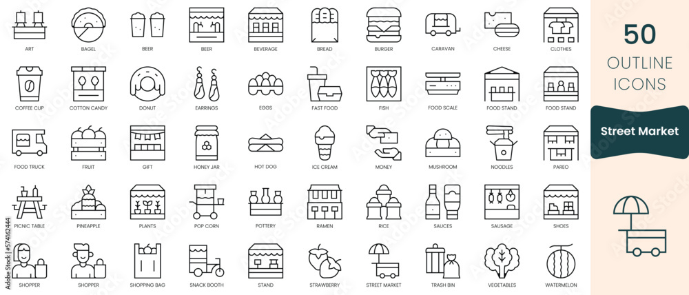 Set of street market icons. Thin linear style icons Pack. Vector Illustration Set of street market icons. Thin linear style icons Pack. Vector Illustration