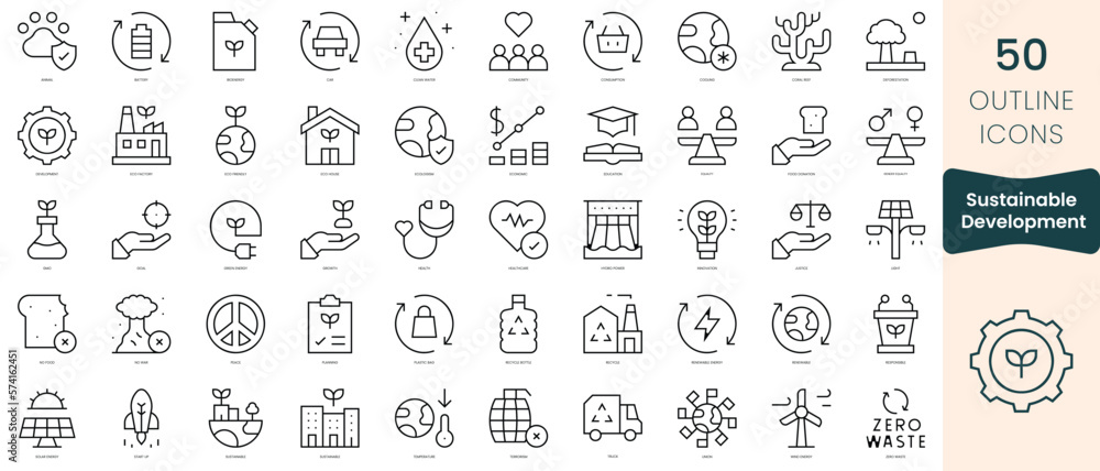 Set of sustainable development icons. Thin linear style icons Pack. Vector Illustration