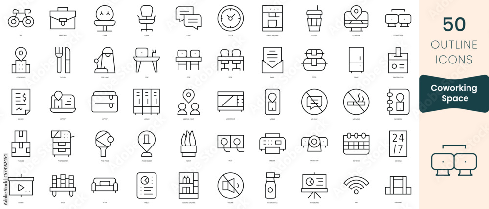 Set of coworking space icons. Thin linear style icons Pack. Vector Illustration Set of coworking space icons. Thin linear style icons Pack. Vector Illustration