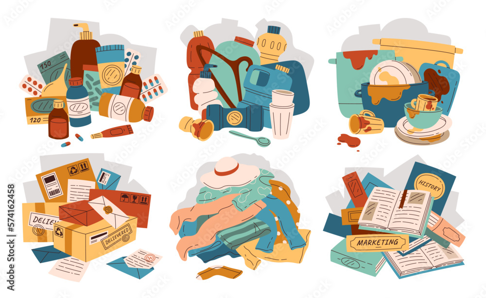 Pile of different things flat icons set. Parcel, letter, medicines, moisturizing cream and cosmetics, dirty dishes Pile of different things flat icons set. Parcel, letter, medicines, moisturizing cream and cosmetics, dirty dishes