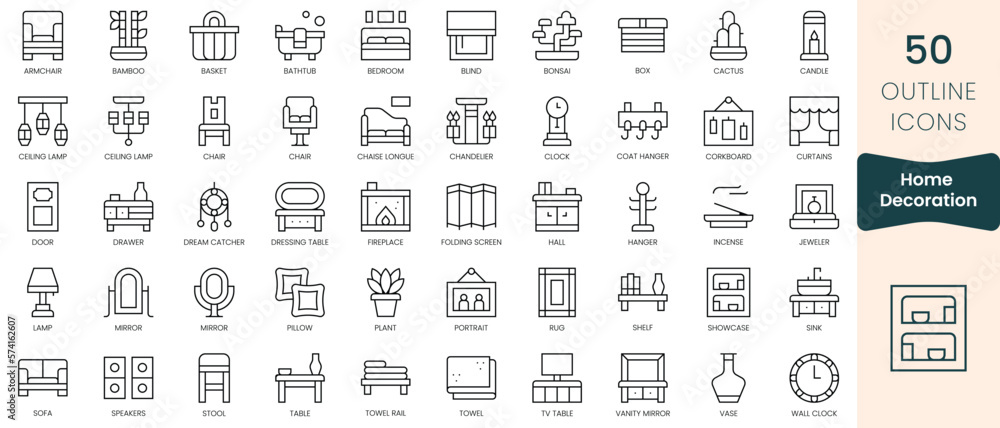 Set of home decoration icons. Thin linear style icons Pack. Vector Illustration Set of home decoration icons. Thin linear style icons Pack. Vector Illustration