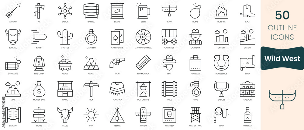 Set of wild west icons. Thin linear style icons Pack. Vector Illustration