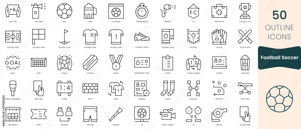 Set of football soccer icons. Thin linear style icons Pack. Vector Illustration