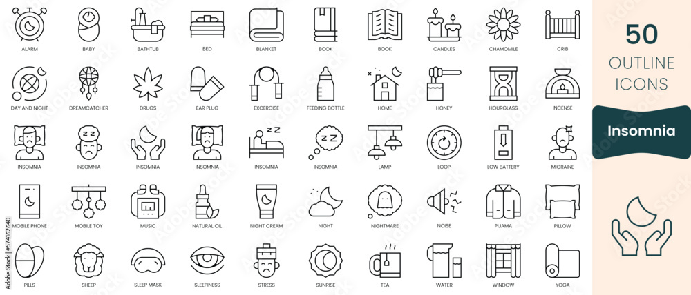 Set of insomnia icons. Thin linear style icons Pack. Vector Illustration Set of insomnia icons. Thin linear style icons Pack. Vector Illustration