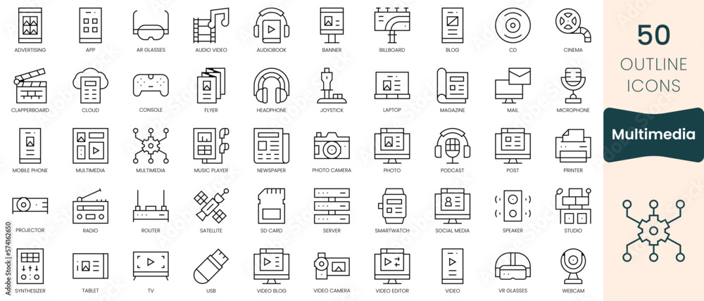 Set of multimedia icons. Thin linear style icons Pack. Vector Illustration Set of multimedia icons. Thin linear style icons Pack. Vector Illustration