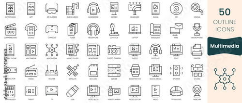 Set of multimedia icons. Thin linear style icons Pack. Vector Illustration