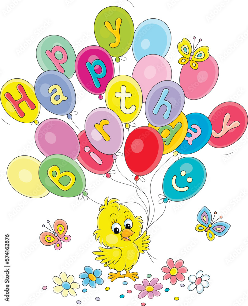 Birthday card with a happy little chick holding colorful balloons among flowers and merry butterflies, vector cartoon illustration on a white background
