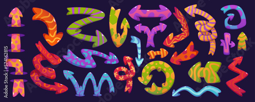 Set of quirky arrows isolated on background. Vector illustration of contemporary cartoon spiral, round, twisted pointers decorated with colorful abstract striped, dotted, flower, spotted patterns