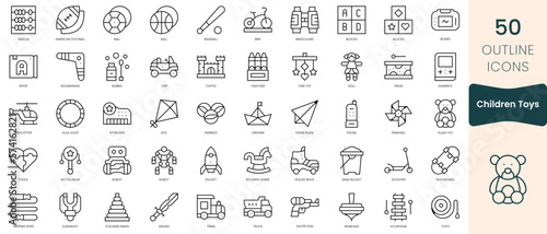 Set of children toys icons. Thin linear style icons Pack. Vector Illustration