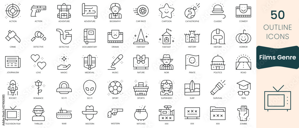 Set of films genre icons. Thin linear style icons Pack. Vector Illustration