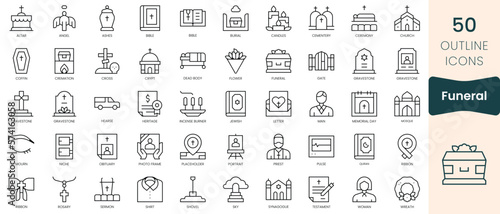 Set of funeral icons. Thin linear style icons Pack. Vector Illustration