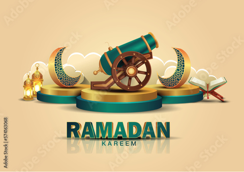 Eid Mubarak and Ramadan Kareem greetings. golden lantern and half moon with golden archery background .vector illustration design