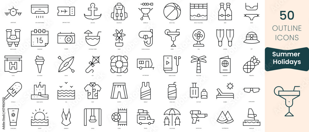 Set of summer holidays icons. Thin linear style icons Pack. Vector Illustration