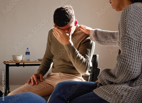 Εκτύπωση καμβά Therapy, support and crying man with empathy, psychology help and mental health problem, depression and counseling