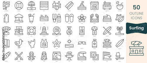 Set of surfing icons. Thin linear style icons Pack. Vector Illustration