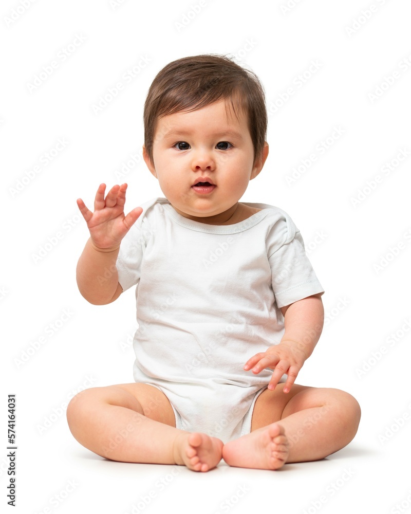 Cute baby in white onesie on white background Cute baby in white onesie on white background