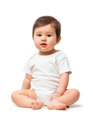 Cute baby in white onesie on white background
