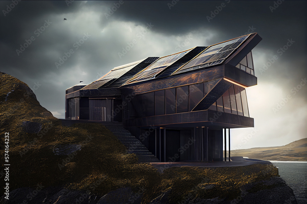 Fototapeta premium Eco friendly home by the seaside. Futuristic minimal home design visualisation. generative AI