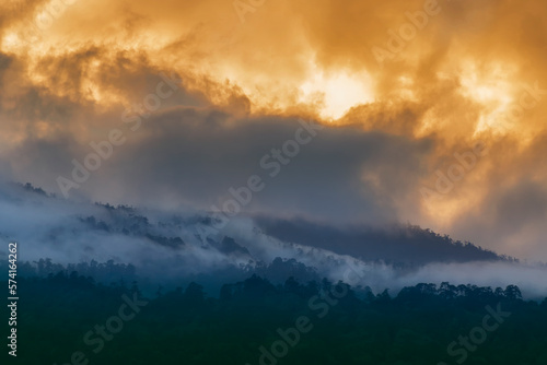 Dramatic clouds over Hiamalayan mountains after sun set, shot at Okhrey, Sikkim, India. Spectacular cloud formations making a beautiful sceneary. Sikkim,travel destination for tourists from worldwide. © mitrarudra