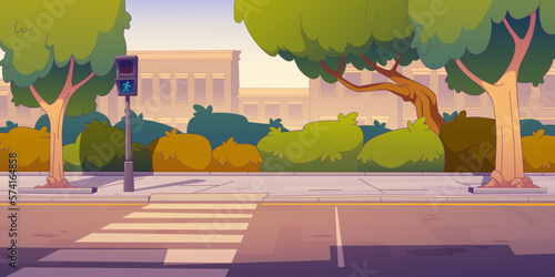 Contemporary city street with buildings and green traffic light at crosswalk for pedestrian safety. Vector cartoon illustration of urban houses, empty road, nobody on sidewalk, trees and bushes