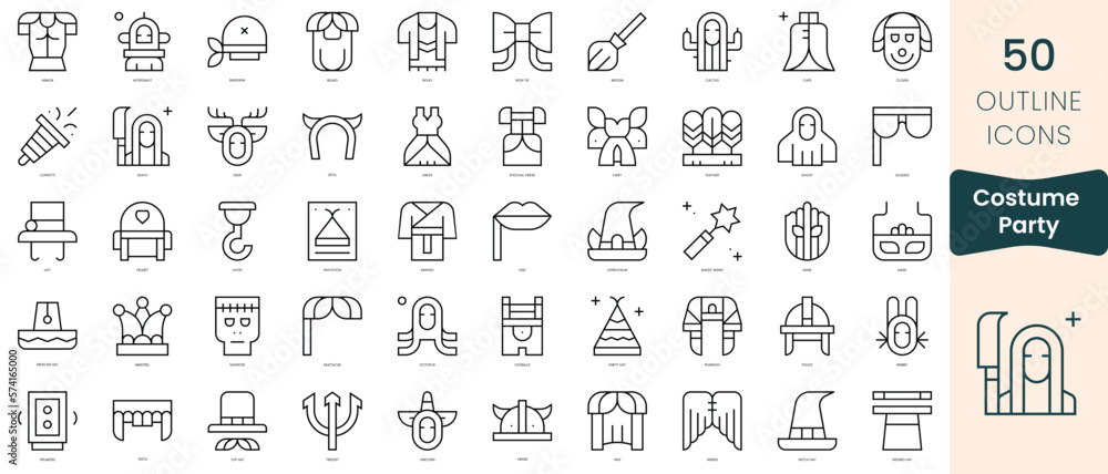 Set of costume party icons. Thin linear style icons Pack. Vector Illustration