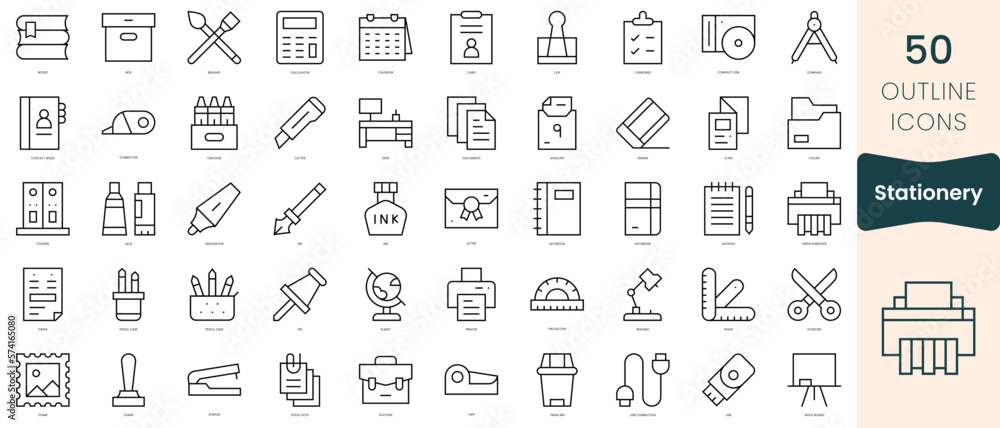 Set of stationery icons. Thin linear style icons Pack. Vector Illustration