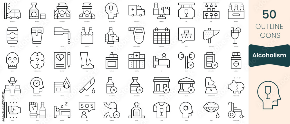 Set of alcoholism icons. Thin linear style icons Pack. Vector Illustration
