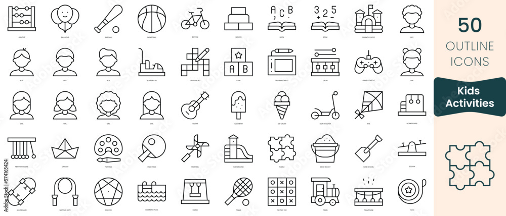Set of kids activities icons. Thin linear style icons Pack. Vector Illustration - obrazy, fototapety, plakaty 