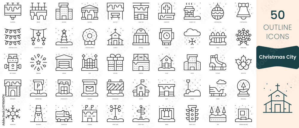 Set of christmas city icons. Thin linear style icons Pack. Vector Illustration