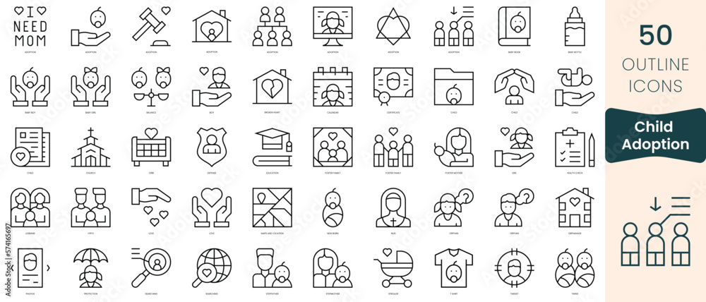 Set of child adoption icons. Thin linear style icons Pack. Vector Illustration