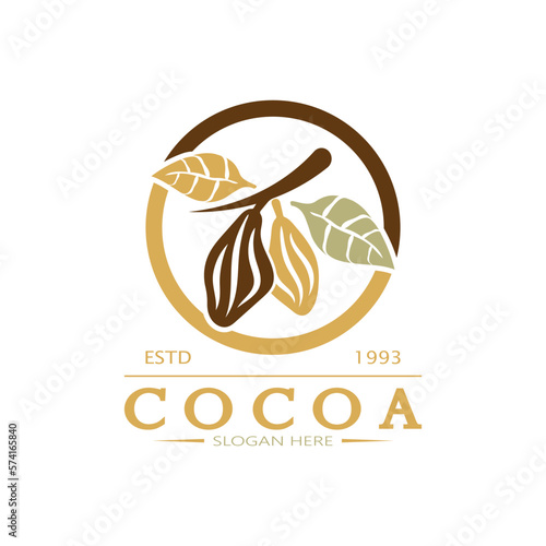 cocoa logo,cocoa bean,cocoa tree,cocoa branches and leaves,chocolate mix on white background,vintage,modern,simple,minimalist icon illustration template design vector
