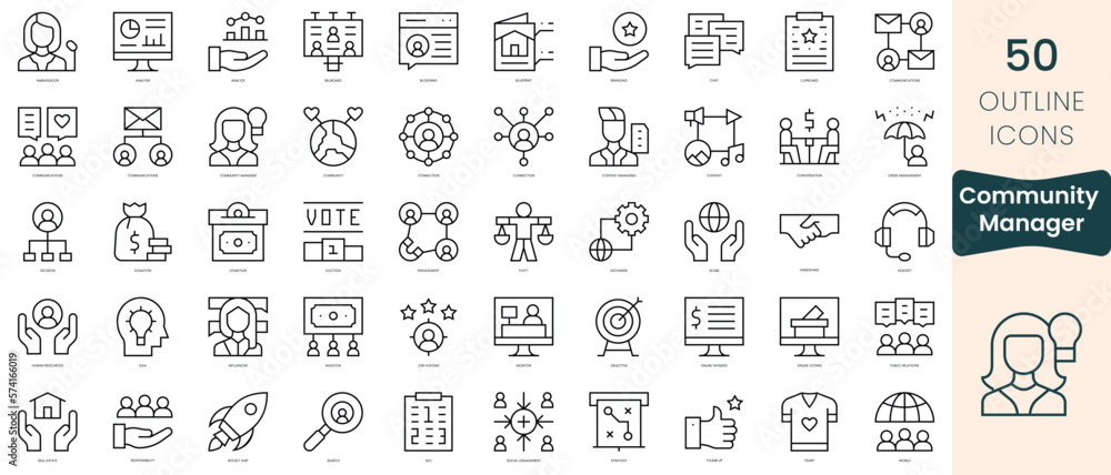 Set of community manager icons. Thin linear style icons Pack. Vector Illustration Set of community manager icons. Thin linear style icons Pack. Vector Illustration