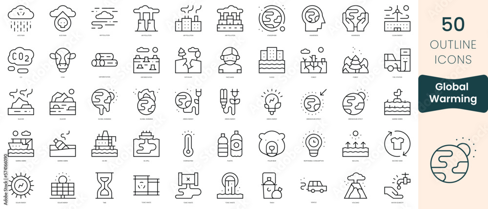 Set of global warming icons. Thin linear style icons Pack. Vector Illustration