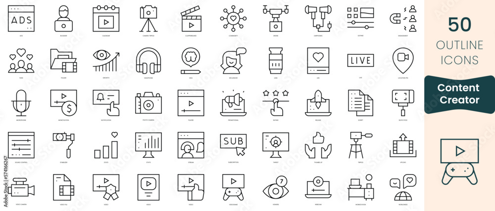 Set of content creator icons. Thin linear style icons Pack. Vector Illustration Set of content creator icons. Thin linear style icons Pack. Vector Illustration
