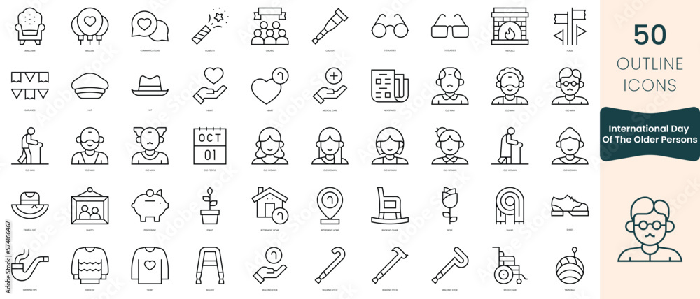 Set of international day of the older persons icons. Thin linear style icons Pack. Vector Illustration Set of international day of the older persons icons. Thin linear style icons Pack. Vector Illustration
