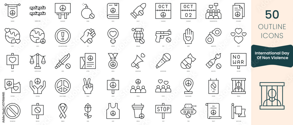 Set of international day of non violence icons. Thin linear style icons Pack. Vector Illustration Set of international day of non violence icons. Thin linear style icons Pack. Vector Illustration