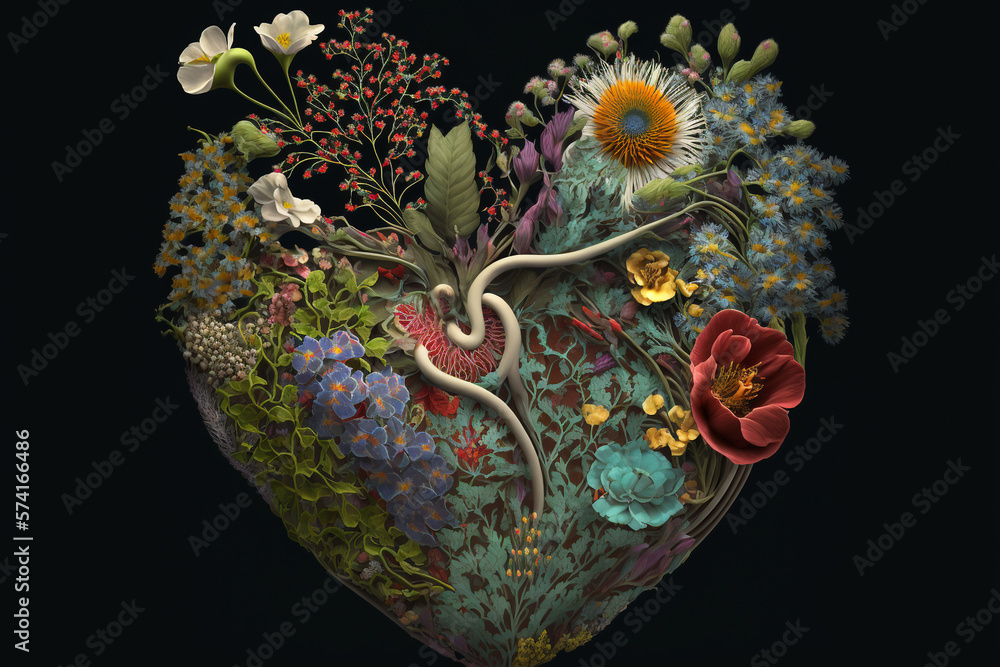 Floral heart with decorative plants and flowers