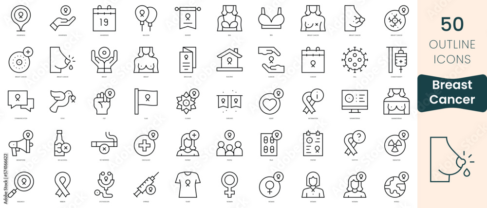 Set of international day against breast cancer icons. Thin linear style icons Pack. Vector Illustration