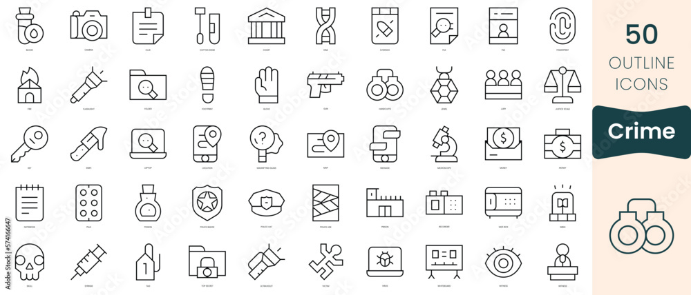 Set of crime icons. Thin linear style icons Pack. Vector Illustration Set of crime icons. Thin linear style icons Pack. Vector Illustration