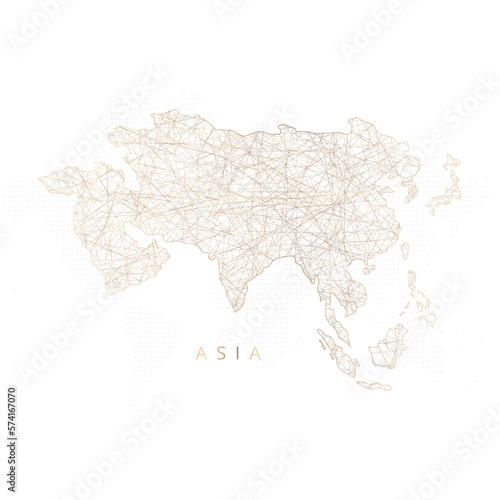 Low poly map of Asia Continent. Gold polygonal wireframe. Glittering vector with gold particles on white background. Vector illustration eps 10.