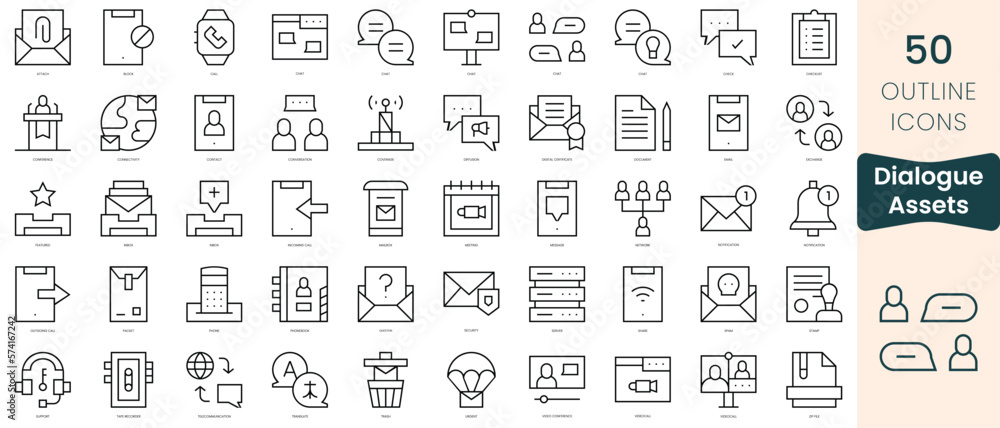 Set of dialogue assets icons. Thin linear style icons Pack. Vector Illustration