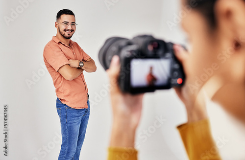 Tableau sur toile Shooting, photography and photographer with man model in studio for creative, advertising and image