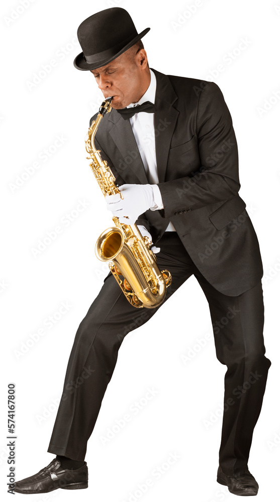Naklejka premium American jazz saxophonist in hat playing on gold saxophone