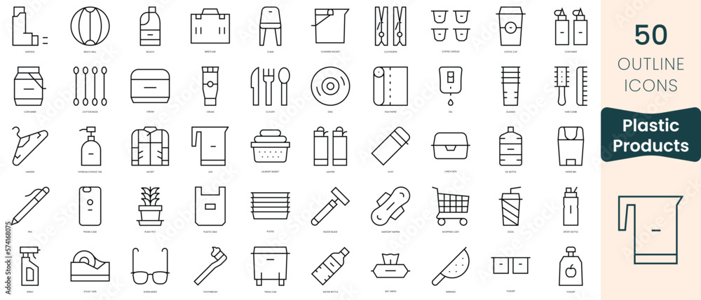 Set of plastic products icons. Thin linear style icons Pack. Vector Illustration Set of plastic products icons. Thin linear style icons Pack. Vector Illustration