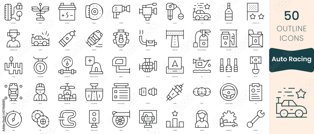 Set of auto racing icons. Thin linear style icons Pack. Vector Illustration Set of auto racing icons. Thin linear style icons Pack. Vector Illustration