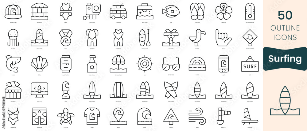 Set of surfing icons. Thin linear style icons Pack. Vector Illustration