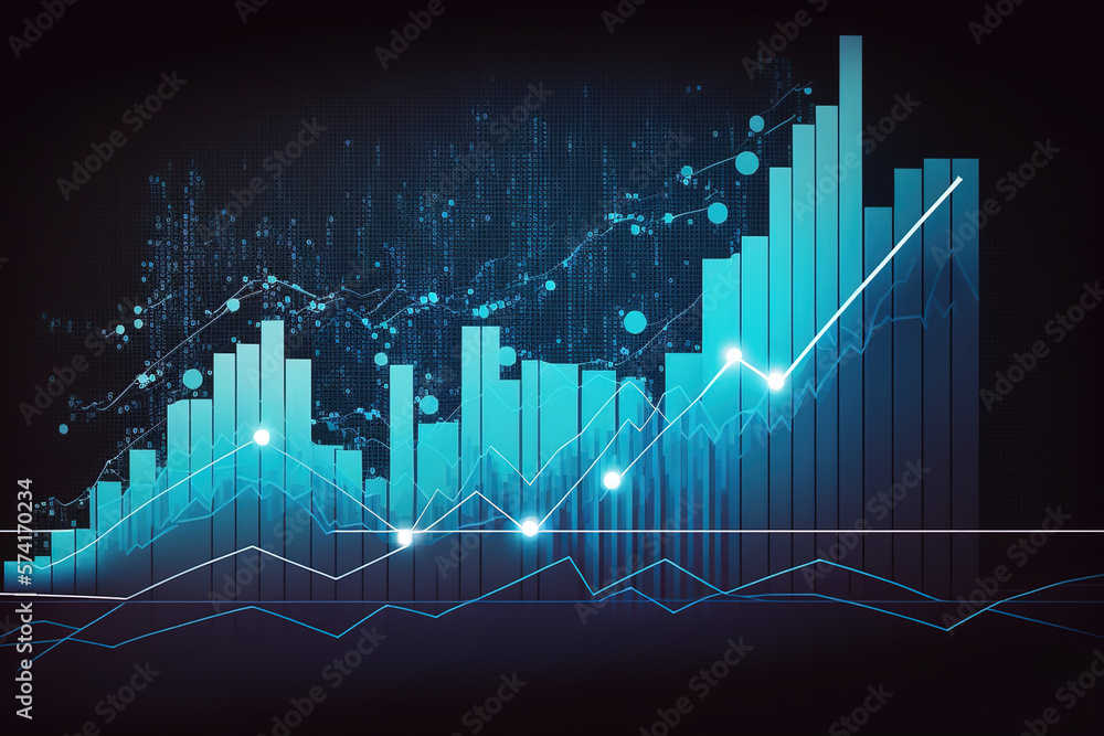 Business and finance background concept. Financial statistics, stock market candlesticks, and bar chart with uptrend arrow. Generate by AI
