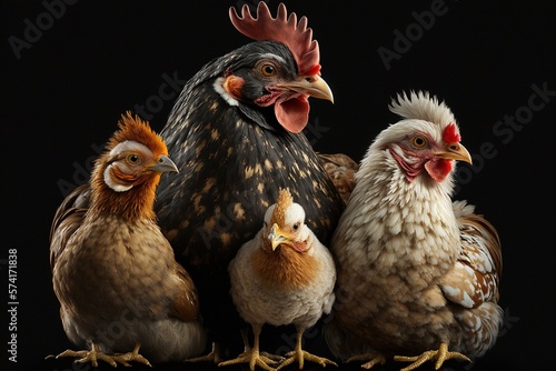 A chicken family. A rooster, a hen and chicks. Created using Generative AI